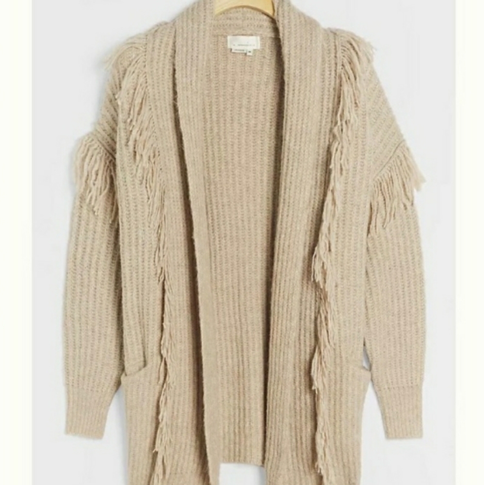 Anthropologie Amanza Fringe Ribbed Knit Open Cardigan Sweater Tan SZ M/L